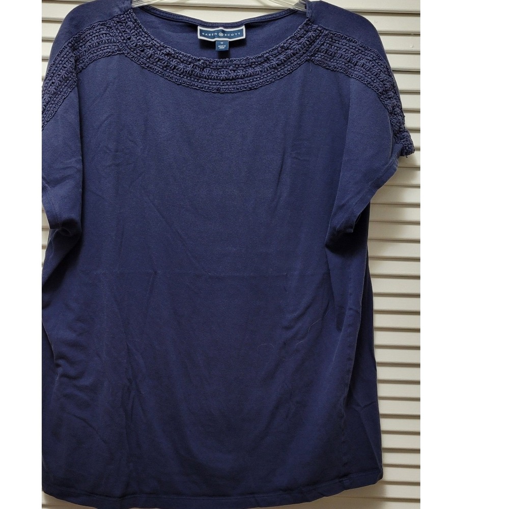 Karen Scott Navy Blue Crochet Trim Scoop Neck Top Plus Size 1X Cotton Modal